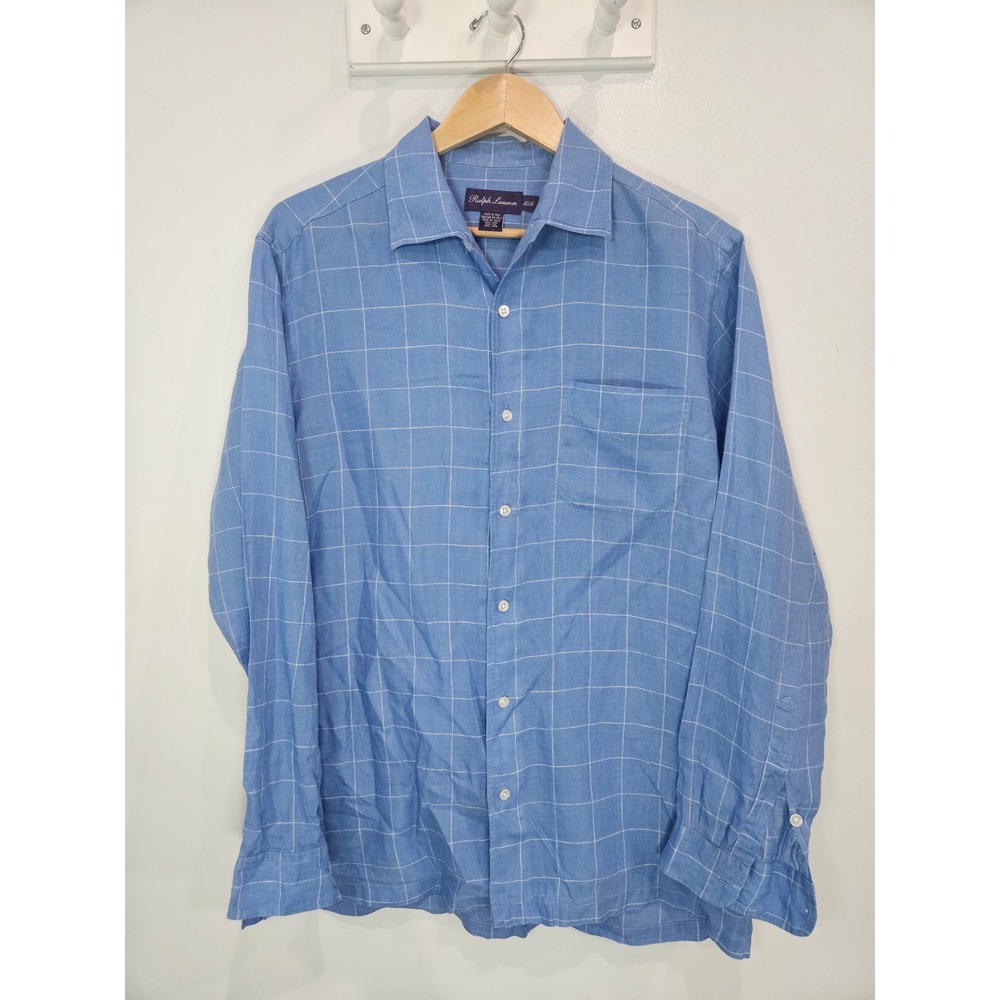 Ralph Lauren Purple Label Mens Blue Windowpane 100% Linen Shirt Made in Italy M